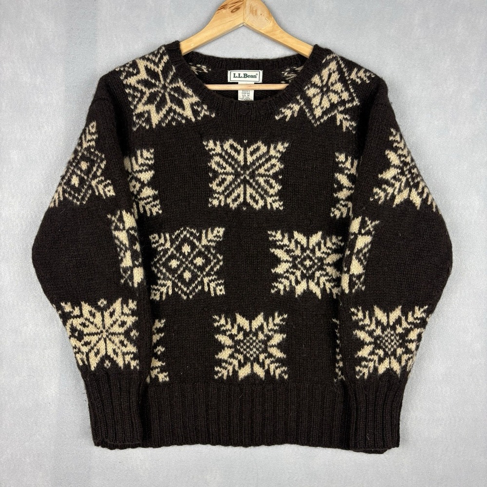 LL Bean Wool Sweater Women’s Medium Brown Snowflake Chunky Knit Fisherman Winter